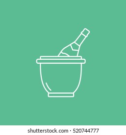 Champagne Bottle In Ice Bucket Line Icon On Green Background