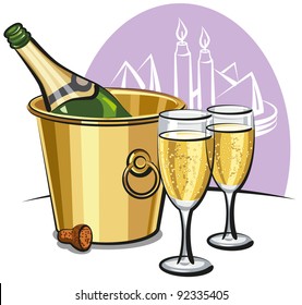 Champagne bottle in an ice bucket and two champagne glasses