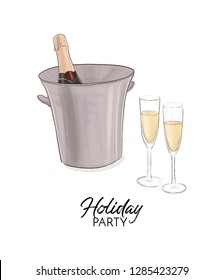 Champagne bottle with ice bucket vector illustration. Vector art. Celebration greeting card, anniversary design. Bithday party, New year event, Valentines, holiday decor