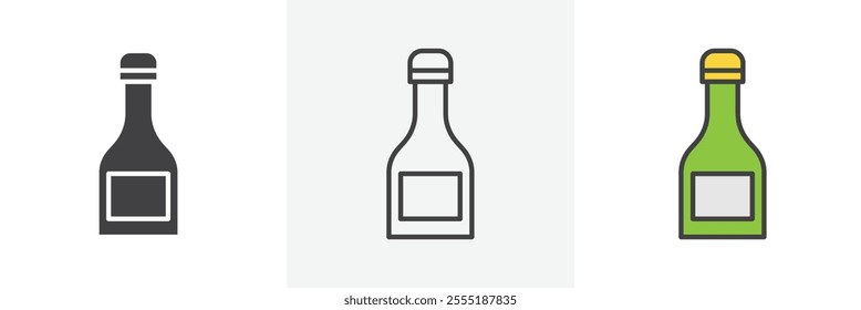 Champagne bottle icon collection in black and colored style.
