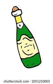 Champagne bottle icon in flat style. a drawing in the form of a hand-drawn doodle in the style of a champagne bottle, a green outline on a white background for a design template for celebrating Christ