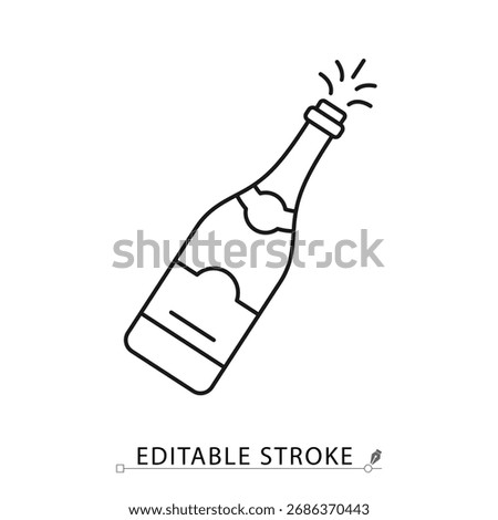 A champagne bottle icon in a minimalist line style with editable stroke. Celebration drink, party alcohol beverage, wedding event, new year sparkling wine, luxury anniversary toast.