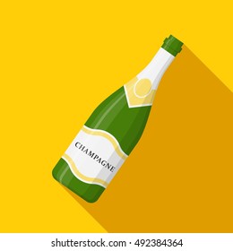 Champagne bottle icon vector on yellow background. Alcohol celebration wine. Holiday  new year party beverage icon romantic drink.