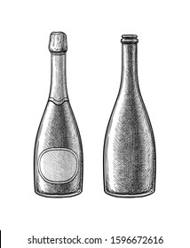 Champagne bottle. Ink sketch isolated on white background. Hand drawn vector illustration. Retro style.