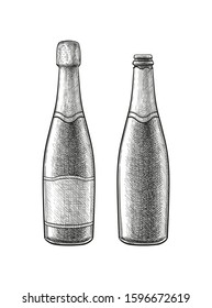 Champagne bottle. Ink sketch isolated on white background. Hand drawn vector illustration. Retro style.