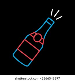 Champagne bottle isolated on black background icon. Vector illustration, romance elements. Sticker, patch, badge, card for marriage, valentine