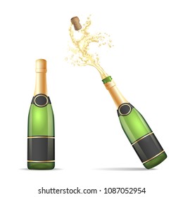 Champagne bottle isolated. Vector bottles of champagne, closed and with popping cork splash isolated on white background