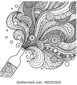 Champagne bottle line art design for coloring book for adult,poster, card and design element