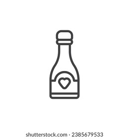 Icono de la línea de botellas de champán. signo de estilo lineal para concepto móvil y diseño web. Champagne con un icono vector de contorno cardíaco. Símbolo romántico de la cena, ilustración del logo. Gráficos vectoriales