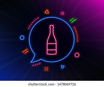 Champagne bottle line icon. Neon laser lights. Anniversary alcohol sign. Celebration event drink. Glow laser speech bubble. Neon lights chat bubble. Banner badge with champagne bottle icon. Vector