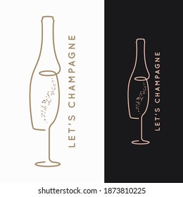 Champagne bottle logo. Glass of champagne on black and white background