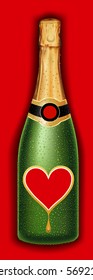 champagne bottle with many drops, red heart, valentine package