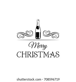 Champagne Bottle. Merry Christmas And Happy New year Greeting Card. Vector Illustration Isolated On white background