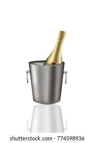 Champagne bottle in metal bucket, vector