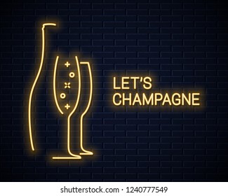 Champagne Bottle Neon Banner And Champagne Glass Neon Silhouette On Back Backgrond