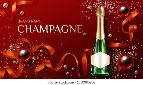 Champagne bottle on christmas decorated background with baubles, ribbon and and glitter. Closed bubbly flask with blank label, sparkling wine drink with cork. Realistic 3d vector illustration, banner.