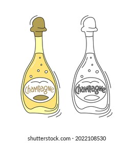 Champagnerflasche auf weißem Hintergrund. Zwei Arten Getränk. Cartoon Sketch Grafikdesign. Doodle-Stil mit schwarzer Kontur-Linie. Farbiges handgezeichnetes Objekt. Party-Drinks-Konzept. Freehand Zeichnen Stil.
