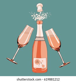 Champagne bottle opened with two glasses and bubbles. Vector illustration on turquoise background