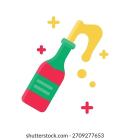 Abertura de garrafa de champanhe para ilustração de vetor de celebração, ícone de estilo plano