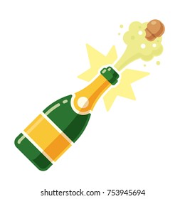 Champagne bottle opening with a pop and cork flying. Vector illustration in modern flat cartoon style isolated on white background.
