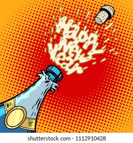 Champagne bottle opens, foam and cork. Comic cartoon pop art retro vector illustration kitsch vintage drawing