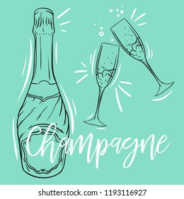 Champagne bottle and pair of champagne glasses, set of sketch style vector illustration
