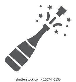 Champagne bottle pop glyph icon, alcohol and celebration, drink sign, vector graphics, a solid pattern on a white background, eps 10.