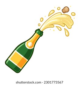 Champagne bottle pop open with cork and foam flying out. Cartoon vector icon, simple clip art illustration.