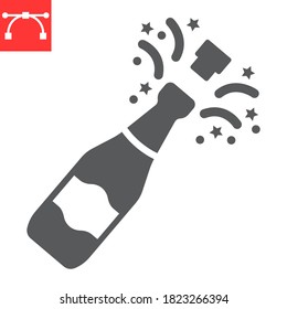 Champagne bottle popping glyph icon, merry christmas and drink, alcohol sign vector graphics, editable stroke solid icon, eps 10