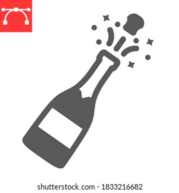 Champagne bottle popping glyph icon, merry christmas and drink, alcohol sign vector graphics, editable stroke solid icon, eps 10