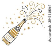 A champagne bottle popping with golden confetti