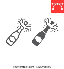 Champagne bottle popping line and glyph icon, merry christmas and drink, alcohol sign vector graphics, editable stroke linear icon, eps 10