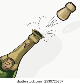Champagne bottle popping open with flying cork party celebration linear vector illustration  on white background