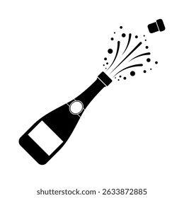 Champagne Bottle Popping Vector Illustration. A champagne bottle being opened with a cork flying off and bubbly spray bursting out.