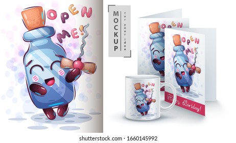 Champagne bottle poster and merchandising. Vector eps 10
