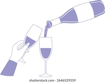 Champagne bottle pouring into glass with celebration drink elements isolated on white background
