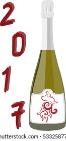 Champagne bottle with red rooster on a label isolate on white background. New year design. Vector illustration. Unopened bottle.