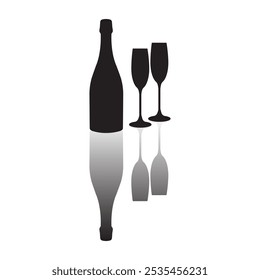 Botella de champán con reflejos e iconos de vectores de vasos
