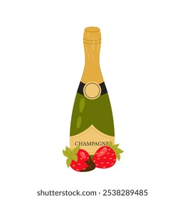 Champagne bottle with ripe strawberries. Alcoholic drink for a romantic evening, celebration, birthday, wedding. Flat illustration on a white background.