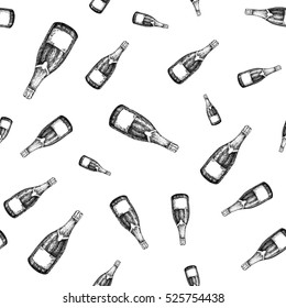 Champagne bottle seamless pattern. Hand drawn isolated vector illustration. Alcohol drink in engraved style. Vintage sketch. Beverage drawing for bar and restaurant menu, poster, banner. Celebration