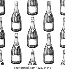 Champagne bottle seamless pattern. Hand drawn isolated vector illustration. Alcohol drink in engraved style. Vintage sketch. Beverage drawing for bar and restaurant menu, poster, banner. Celebration