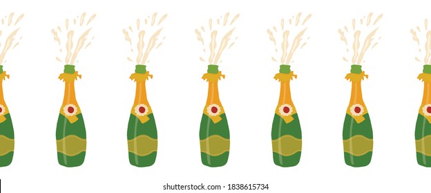 Champagne bottle seamless vector border. Hand drawn elegant sparkling alcoholic drinks horizontal repeating pattern. Use for party invites, celebrations, greeting cards, holiday decor, new year.