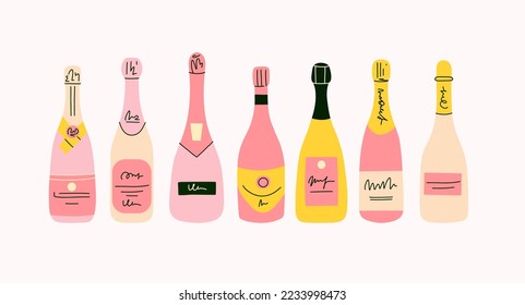 Champagne bottle set. Cartoon modern pink wine. Doodle drawing contemporary card or poster. Alcoholic drink for celebration new year, wedding and birthday. Festive party beverage, vector isolated set