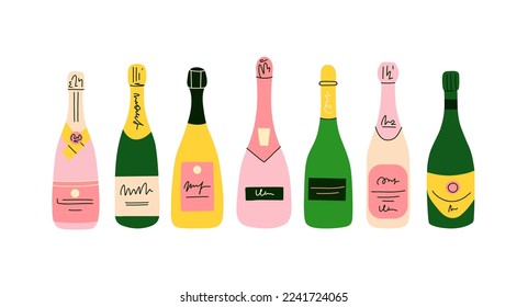 Champagne bottle set. Cartoon modern pink wine. Doodle drawing contemporary card or poster. Alcoholic drink for celebration new year, wedding and birthday. Festive party beverage. Vector isolated set