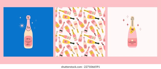 Champagne bottle set. Cartoon modern pink wine. Doodle drawing contemporary card or poster and seamless pattern. Alcoholic drink for celebration new year, wedding and birthday. Festive party vector