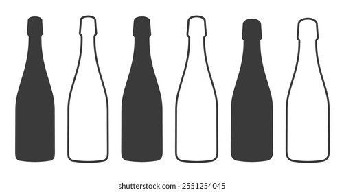 Conjunto de silueta de botella de champán. Símbolo de forma de icono de botella de vino de vidrio. Signo del logotipo del paquete del alcohol.  Imagen de Ilustración vectorial. Aislado sobre fondo blanco.	
