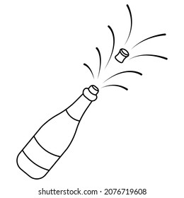 Champagne bottle. Sketch. The cork flew out of the glass container of sparkling wine. Splashes fly in different directions. Vector illustration. Outlines on an isolated white background. Doodle style.