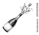 Champagne bottle sketch ink graphic set illustration, draft silhouette drawing, black on white line art. Vintage etching drink design.	