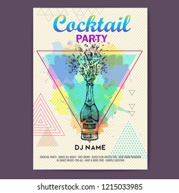 Champagne bottle with splash on artistic polygon watercolor background. Cocktail disco party poster