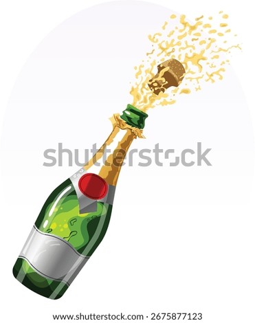 Champagne Bottle Splashed Open - Party Pop and Fizzy Alcohol Illustration